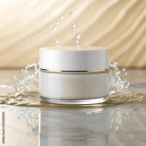 Obraz Close up of white cream jar with gold trim surrounded by splashing water against a beige background