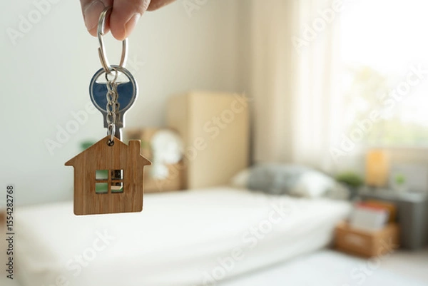 Fototapeta Moving house, relocation. Man hold key house keychain in new apartment, inside the room was a cardboard box containing personal belongings and furniture. move in the apartment or condominium
