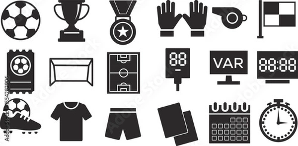 Obraz Solid Black Soccer Icons Set – Football Match Symbols, Equipment & Game Elements in Vector Style