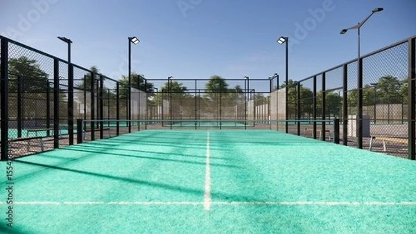 Fototapeta visualization in empty padel with turquoise color, black metal structure, glass walls and floodlight