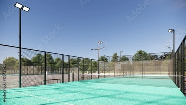 Fototapeta visualization of an empty padel with turquoise color and bench on the side