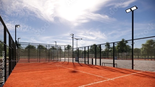 Fototapeta Closeup Padel courts with Terracotta surface, metal structure and glass walls. Sports concept