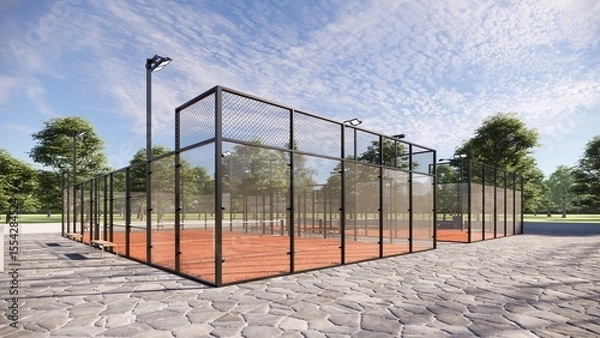 Fototapeta Padel courts with Terracotta flooring and glass walls. Closeup Sports concept