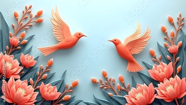 Obraz Papercraft Birds and Blossoms: A Collection of Serene and Colorful Nature-Inspired Art