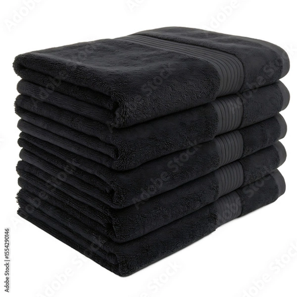 Obraz A neat heap of folded fluffy black bath towels for a spa or bathroom isolated on a transparent background png