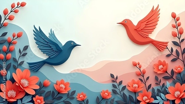 Obraz Papercraft Birds and Blossoms: A Collection of Serene and Colorful Nature-Inspired Art