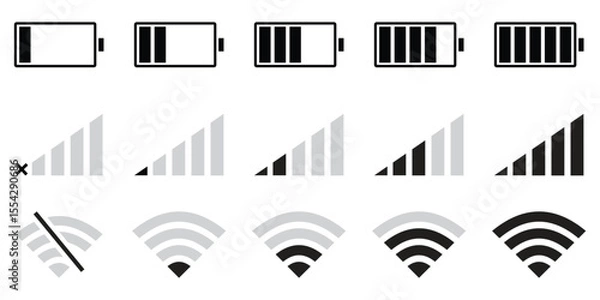 Obraz Minimal Battery, WiFi, and Mobile Network Icon Set for UI and App Interfaces – Vector Illustration