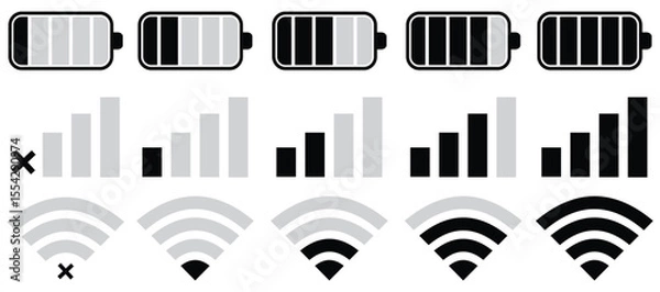 Obraz Minimal Battery, WiFi, and Mobile Network Icon Set for UI and App Interfaces – Vector Illustration