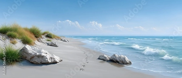 Obraz Exploring the Tranquil Beauty of a Sandy Beach Beneath a Bright Horizon with Soft Footprints Leading the Way
