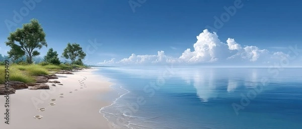 Obraz Discover the Serenity of a Dreamy Beach Scene with a Tree by the Water and Gentle Footprints Leading to the Horizon