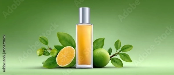 Obraz Refreshing Lime Oil and Vibrant Lime on a Green Background for Your Skincare Needs and Creative Graphics