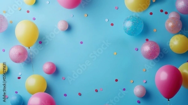 Fototapeta Pastel balloons and confetti on a light blue background, creating a festive frame.