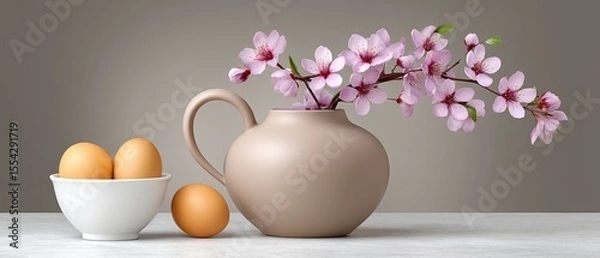 Obraz Spring Blooming Brunch Room Scene Featuring a Beautifully Arranged Pastel Vase with Colorful Flowers in a Symmetrical Display