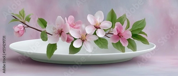 Obraz A Beautiful Spring Brunch Scene Featuring a White Bowl Adorned with Delicate Pink Flowers Arrangement for a Symmetrical Table Setup