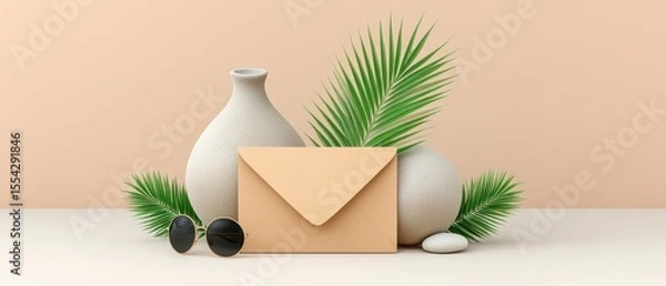 Fototapeta A Beautiful Arrangement of a Vase with a Lush Plant and an Intriguing Letter for Creative Inspiration and Design