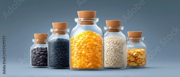 Obraz Exploring the Nutritional Greatness of Beans in Three Unique Glass Bottles on a Black Background
