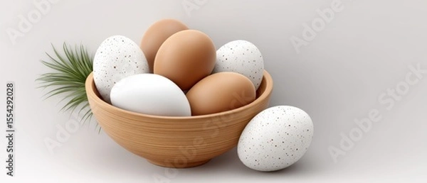 Obraz A Stunning Wooden Bowl Overflowing with Fresh Brown and White Eggs Surrounded by Lush Greenery Perfect for Your Kitchen Decor