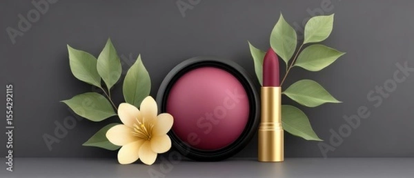 Obraz Luxury Cosmetic Design Featuring Lipstick and Flower on Gray Background - Perfect for Graphic Resources