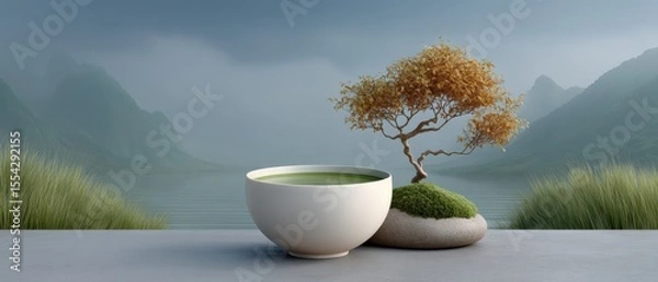 Obraz A Serene Green Tea Experience in a Nature-Inspired Setting Perfect for Wellness and Relaxation