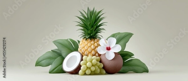 Obraz Tropical Wellness Vibes with Pineapple and Grapes - A Refreshing Flat Lay Design for Your Creative Projects