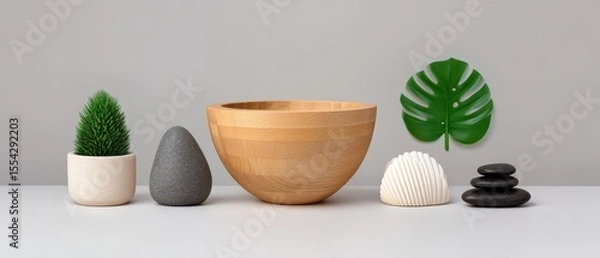Obraz Tropical Wellness Style with a Wooden Bowl, Plant, and Pot for a Relaxing Atmosphere