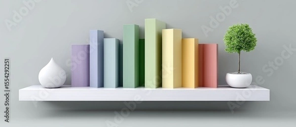 Obraz Elegant Shelf Display Featuring Books and Natural Elements in a Beautiful Gradient of Pastel Wooden Panels