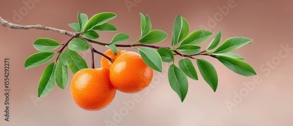 Obraz A Vibrant Display of Freshness and Nature's Beauty with Two Orange Fruits on a Branch for Creative Graphic Resources