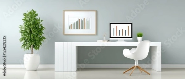 Obraz A Beautiful White Desk with a Stylish Plant in a Pot Emphasizing Minimalism for a Peaceful Workspace Environment