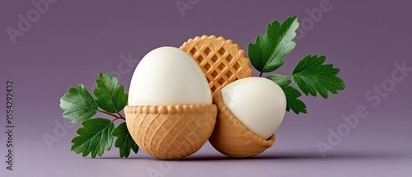 Obraz Three Delightfully White Eggs Nestled in a Soft Waffle - A Whimsical Top Down Graphic Layout