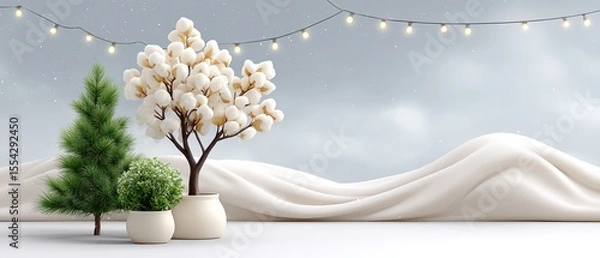 Obraz A Beautiful Winter Holiday Scene Featuring a White Vase with a Plant and a Christmas Tree Adorned with Glowing String Lights