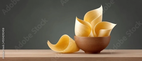 Obraz Exploring the Art of Woodworking: A Beautiful Wooden Bowl Filled with Fresh Pasta Noodles
