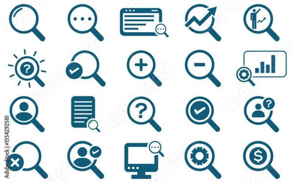 Obraz Search and Magnifying Glass Icon Set – Vector Symbols for SEO, Research, and Investigation