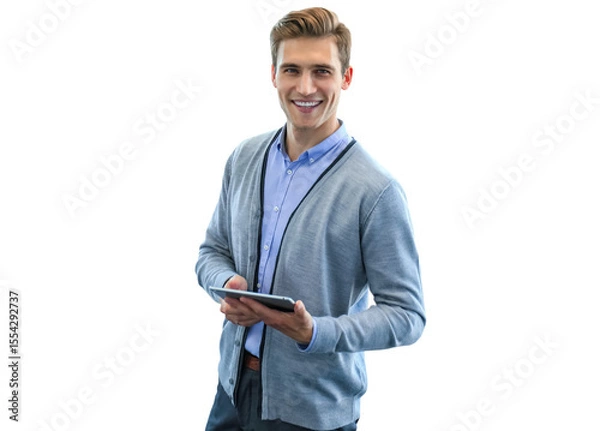 Fototapeta Smiling young man using digital tablet on a transparent background