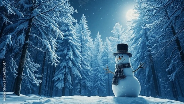 Obraz "Christmas Snowman in Peaceful Snowy Forest under Full Moonlight Sky"