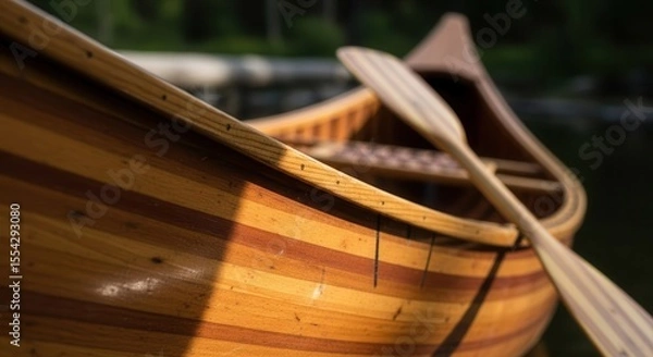 Fototapeta Wooden canoe floating on serene lake with oars