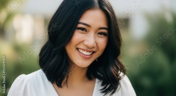 Fototapeta Smiling woman in outdoor setting with blurred background