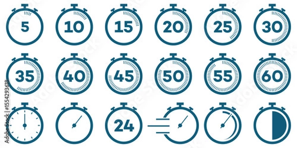Obraz Countdown Timer and Stopwatch Icon Set – Vector Clock Symbols for Time Tracking and Cooking Labels