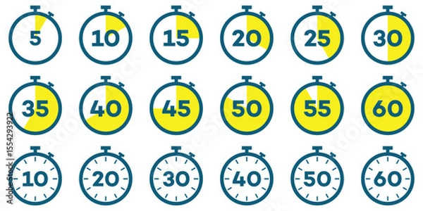Obraz Countdown Timer and Stopwatch Icon Set – Vector Clock Symbols for Time Tracking and Cooking Labels
