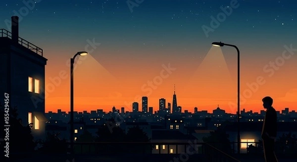 Fototapeta cityscape at dusk with glowing lights, calm atmosphere, person positioned on the right side, leaving clear copy space on the left for text or design elements., digital illustration