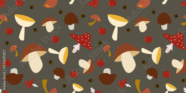 Fototapeta Whimsical seamless vector pattern of cute cartoon mushrooms, acorns, and apples on a dark grey background. Perfect for children's fall projects, scrapbook paper, and harvest-themed crafts.