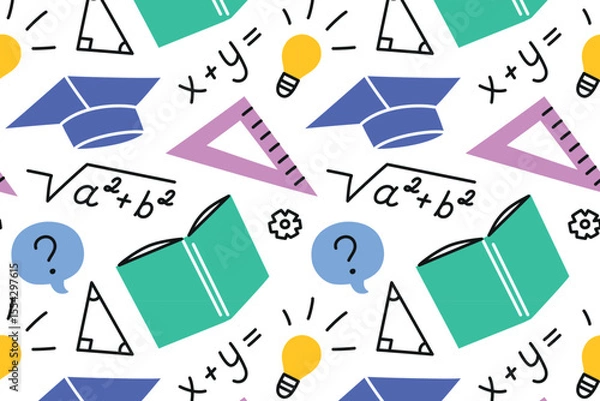 Fototapeta Flat cartoon vector illustration pattern with education and science icons. Books, math formulas, ruler and graduation cap for school designs, learning materials, classroom, back to school background