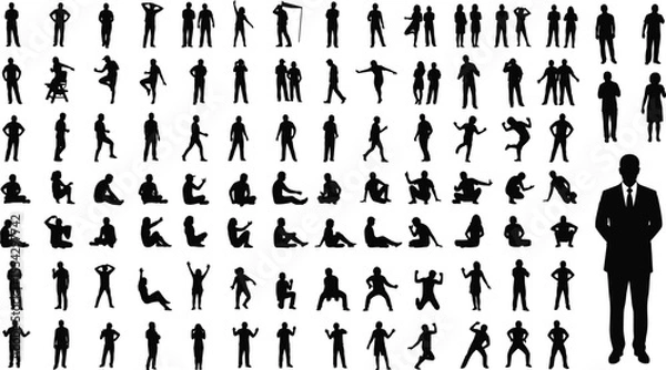 Fototapeta Human silhouettes, pose collection, standing figure, suit silhouette, black and white, body movement, walking, running, sitting, jumping, vector art, character design, motion reference, 