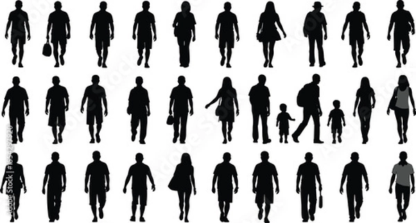 Fototapeta Diverse Collection of Pedestrian Silhouettes, Depicting Men, Women, and Children Walking in Various Styles, Representing Urban Life and Everyday Activities
