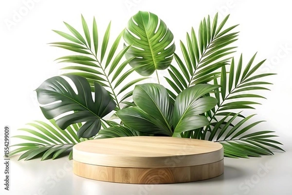 Fototapeta Wooden platform with a round shape and a green leafy background