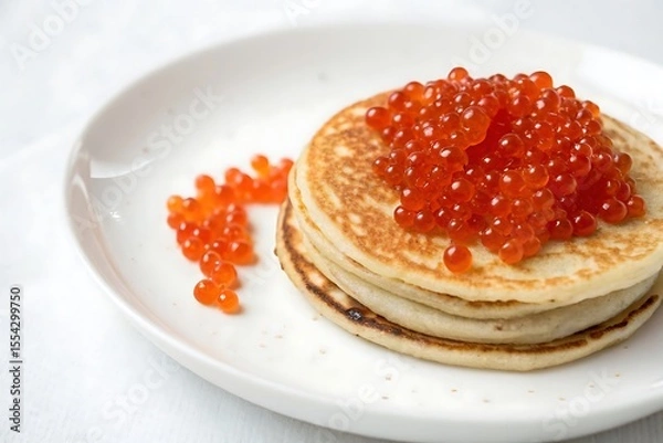 Fototapeta Stack of pancakes with a pile of red berries on top