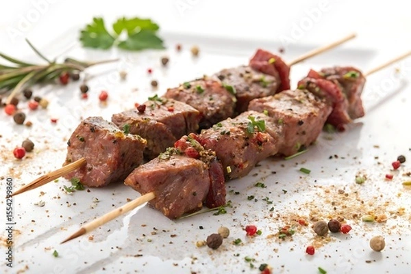 Fototapeta Two skewers of meat with herbs and spices on a white plate