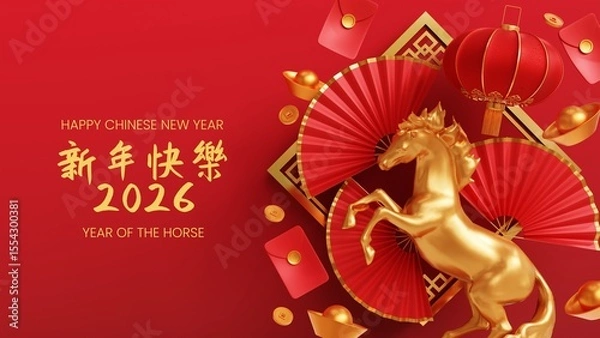 Fototapeta Chinese new year 3d rendered illustration on red background. Chinese calendar 2026 year of horse	