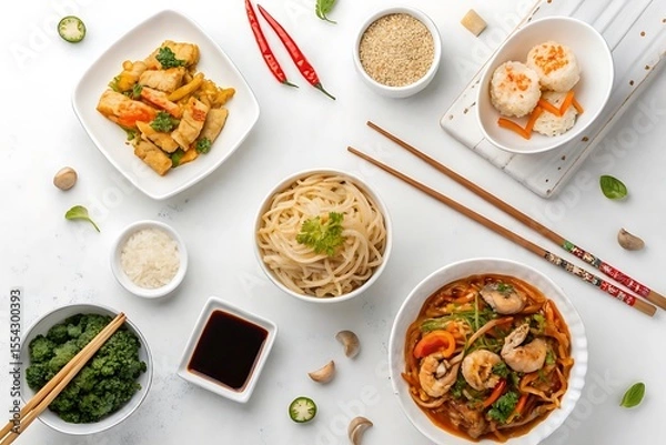 Fototapeta Table with many different types of food and chopsticks