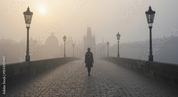 Fototapeta Lone figure walking across a misty bridge in early morning light