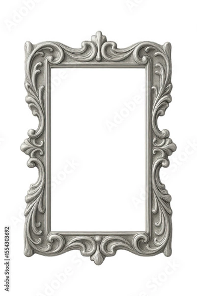 Fototapeta Vertical Rectangular Silver Frame with Ornate Baroque Detailing, Cutout Transparent PNG